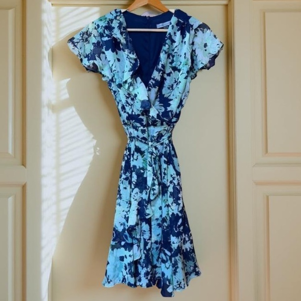 DANNY & NICOLE Women's SZ 12 Navy& green floral ruffle tie waist Y2K VINTAGE❤️